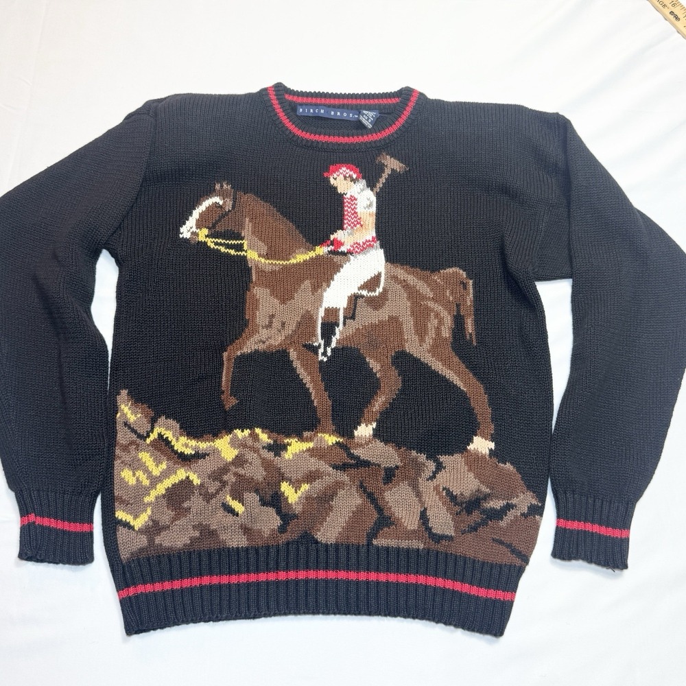 Vintage 90s Polo Player Sweater Womens S Equestrian Horse Intarsia Knit Preppy